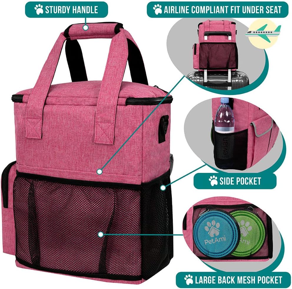 PetAmi Dog Travel Bag Pet Supplies Accessories Organizer for Traveling, Camping, Weekend; Cat Pet Travel Bag Kit Includes 2 Food Storage Containers, 2 Collapsible Bowls, 1 Feeding Mat (Pink)