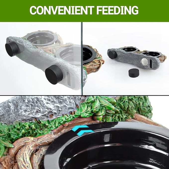REPTI ZOO Magnetic Reptile Feeder Ledge, Gecko Feeder with 4 Cups, Hollow Vine Food Dish, Water Bowl for Lizard & Snake, Terrarium Accessories