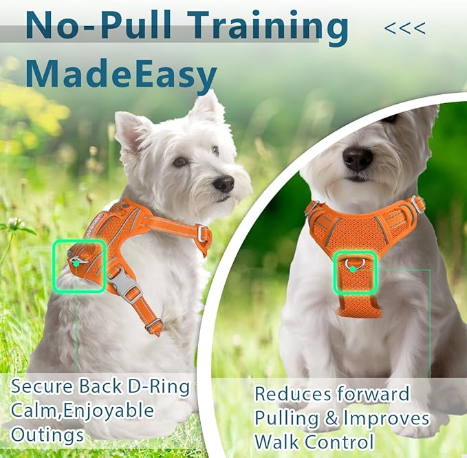BARKBAY Dog Harness No Pull with ID Tag Pocket - Heavy Duty, Reflective, Easy Control for Large Dogs(Orange,S)