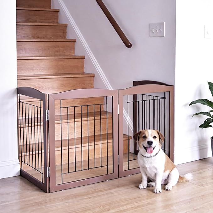 ZJSF Freestanding Foldable Dog Gate for House Extra Wide Wooden Brown Puppy Gate Stairs Dog Gates Doorways Tall Pet Gate 24 "Height 4 Panels Pet Fence