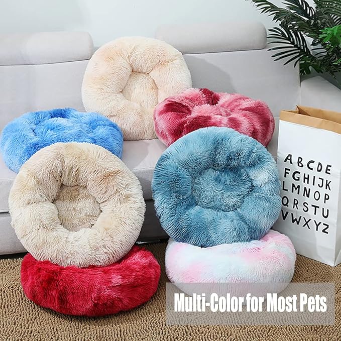 Calming Faux Fur Dog Beds Calming Donut Cuddler Dog Bed Washable Round Cat Bed Pillow Cuddler Fluffy Indoor Dog Calming Beds with Anti Slip Bottom Solid Color Cyan 20 Inch