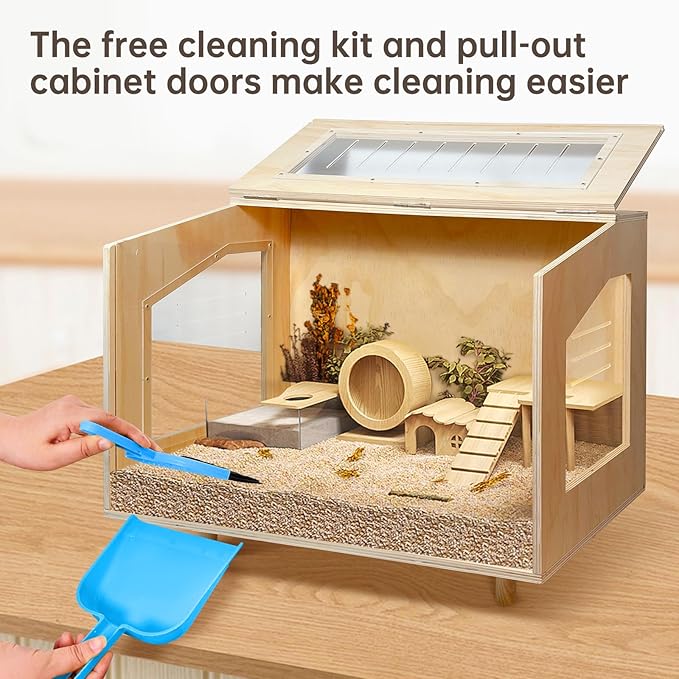 Wooden Hamster Cage - 24 inch Guinea Pig Cage Clear Small Animal cage with Open top Hamster Habitat Wooden Frame with Acrylic Panel