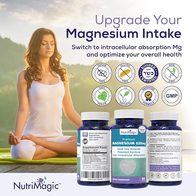 520mg Active Elemental Magnesium from The Dead Sea (from Oxide), Patented High Absorption, Pure Mineral Complex for Muscle, Bone, Brain Health Support, 1 Capsule Per Day, 60 Vegan Capsules