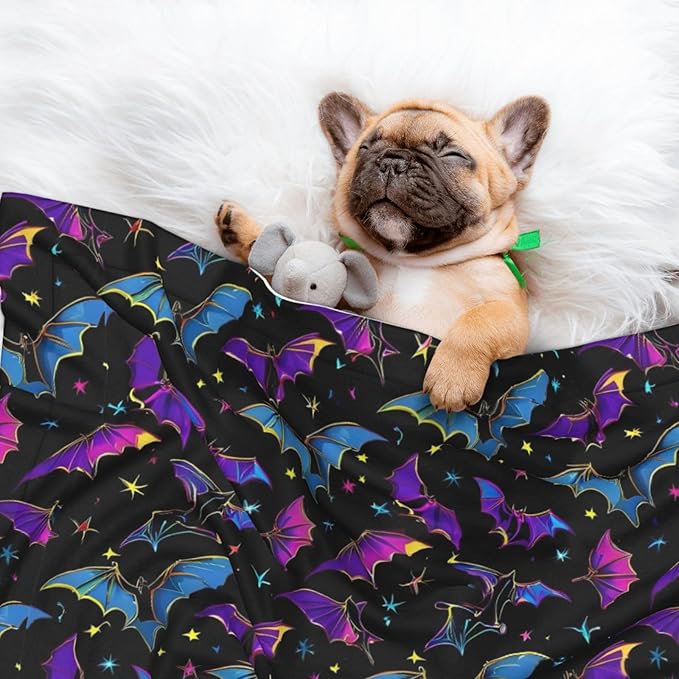 Two Sided Plush Pet Blanket for Warmth Comfort, Halloween Cool Bats, Reversible Throw with Cozy Nubby Side for Chilly Nights Napping Spots Around House