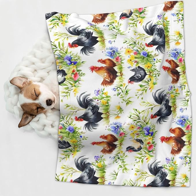 Pet Blanket for Travel and Home, Rooster Chicken Watercolor Flowers, Reversible Plush Dot Design with Soft Grip Texture on One Side Perfect for Car Seats Moving Vehicles