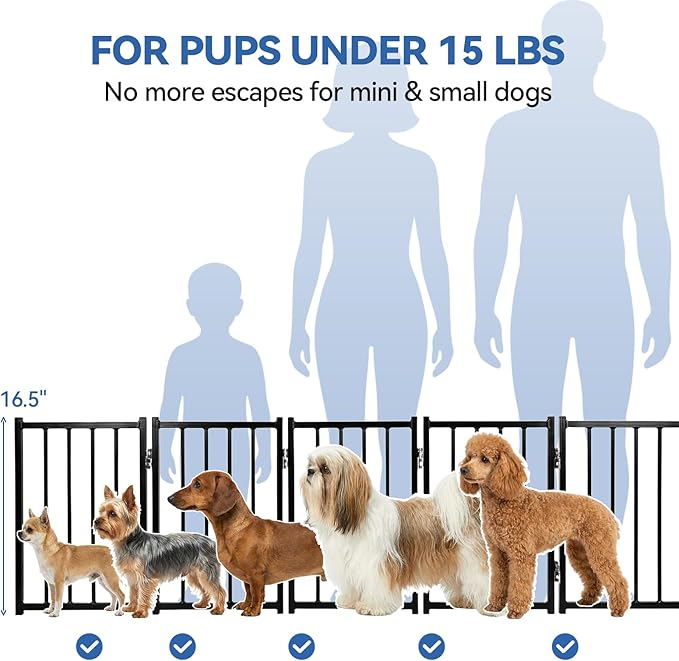 BFNN Metal Short Dog Gate, 16.5" High to Step-Over, Free Standing Foldable Pet Gate, Up to 96" Wide Puppy Fence for Stairs and Doorways, Indoor & Outdoor Use, No Drilling and No Assembly, Black