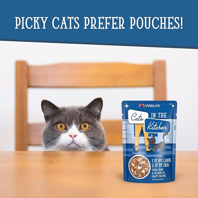 Weruva Cats in The Kitchen, 1 if by Land, 2 if by Sea with Tuna, Beef & Salmon in Gravy Cat Food, 3oz Pouch (Pack of 12)