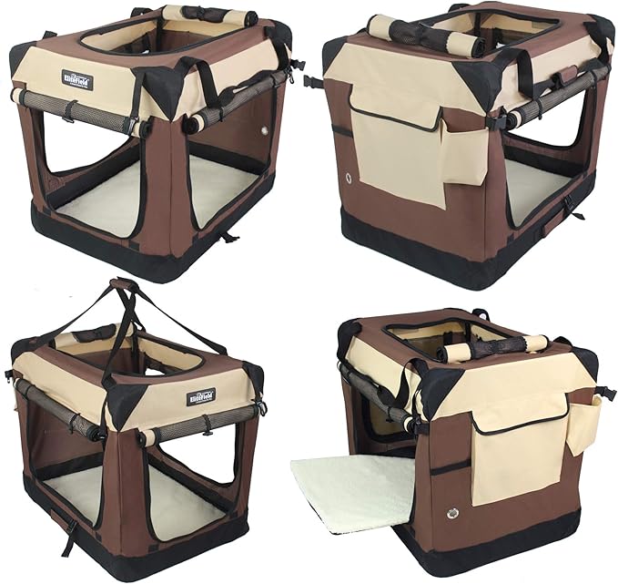 EliteField 4-Door Folding Soft Dog Crate with Curtains, Carrying Bag and Fleece Bed (2 Year Warranty), Indoor & Outdoor Pet Home (20" L x 14" W x 14" H, Brown+Beige)