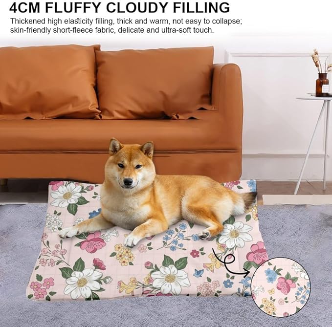 Vintage Cute Pink Floral Dog Bed Furniture Puppy Mat Pads for Dogs Crate Beds Washable Non-Slip Dog Crate Cushion Kennel Bed for Travel Mat Paw Cushion Indoor Outdoor 36X24 Inch
