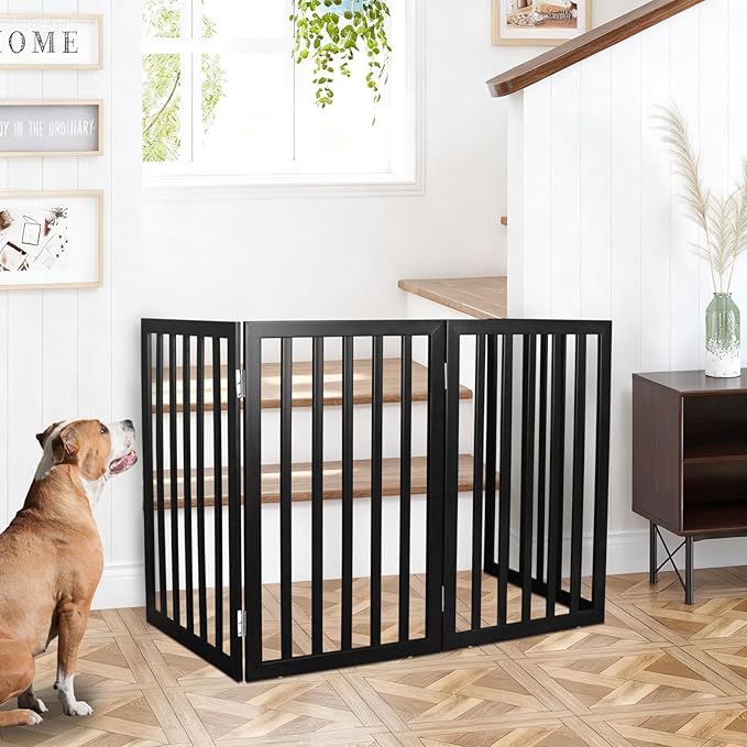 ZJSF Freestanding Indoor Dog Gate for House Foldable Wood Black Puppy Gate for Doorways Pet Gate for Stairs Extra Wide Pet Fence 32" Height 6 Panels