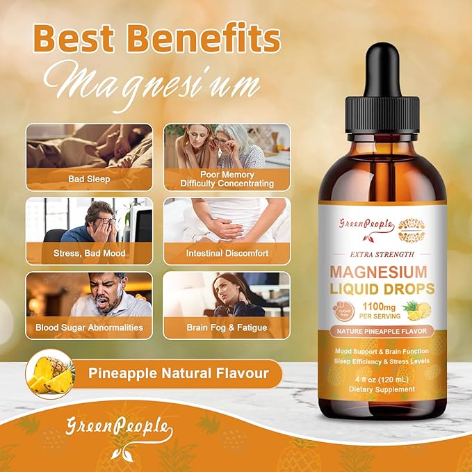 17-in-1 Triple Magnesium Complex Supplement, Magnesium Liquid Drops with Magnesio Glycinate & Citrate, Pineapple Flavor, Calm Mood, Muscle & Sleep for Adults, 4 fl. oz 2Pack