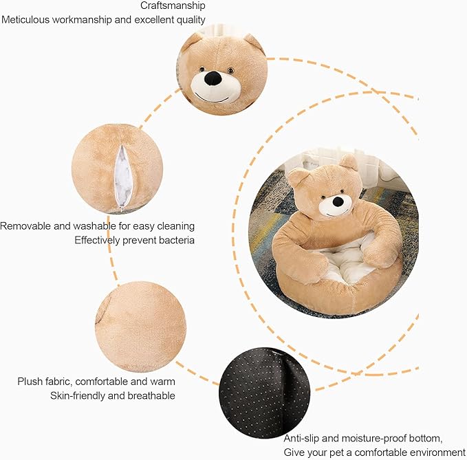 Dog Sofas & Chairs, pet Shape Sofa, Slip Resistant Dog cat Furniture, Adorable Bear Shaped Pet Sofa Bed, Washable Dog cat Couch, Plush Soft Couch for Dogs and Cats L(bottomDiameter55cm) Brown+mat