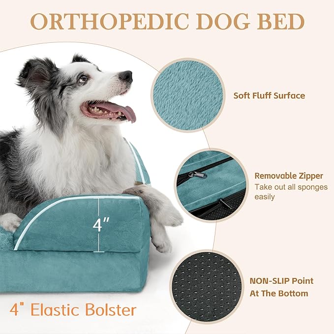 Comfort Expression Orthopedic Dog Bed for Medium Dogs 30x20 Inch, Waterproof Egg Crate Foam Medium Pet Bed with Removable Bolsters, Dog Couch with Washable Cover & Non-Slip Bottom, Washed Blue