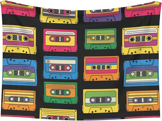 Double Sided Pet Mat for Dog Bed Topper Cat Blanket Furniture Protector, Colorful Retro Cassette Pattern, Reversible Plush with Tactile Dot Pattern for Style Change