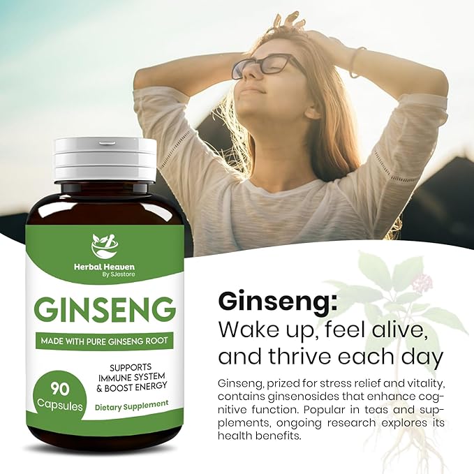 Herbal Heaven Natural Energy and Focus Ginseng Capsules 90 Count for Vitality and Wellness - 100% Herbal Formula