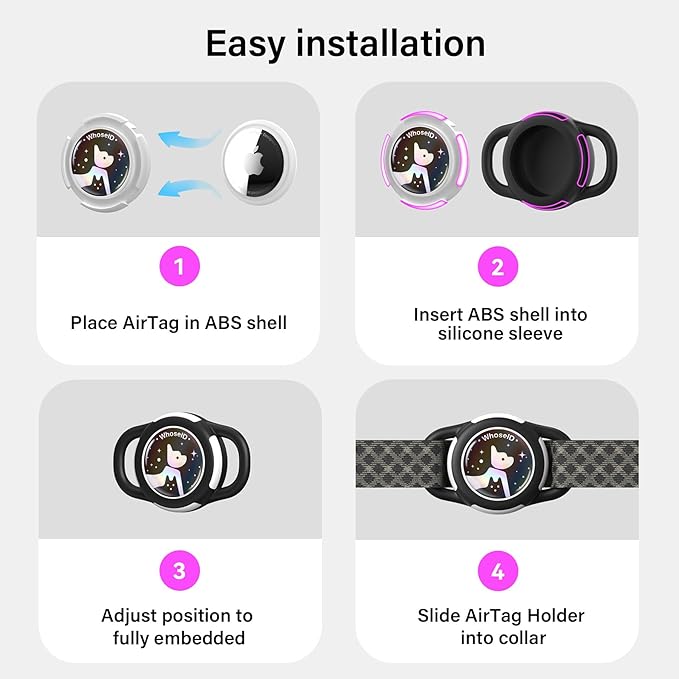 Waterproof Airtag Dog Collar Holder, Silicone & ABS Airtag Holder for Dog & Cat Collars, Ultra-Durable, Lightweight and Protective Airtag Case (Black&Rose-1, Small)