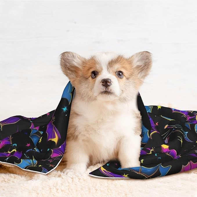 Reversible Plush Pet Blanket for Puppies Kittens, Halloween Cool Bats, Double Sided Gentle Dot Texture for New Pets Adjusting to Home Environment Softly