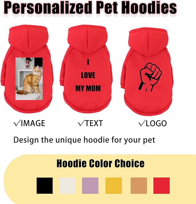 Custom Dog Hoodie, Personalized Sweatshirt with Photo Text Name Logo, Customized Hooded Sweater for Small Medium Large Dogs & Cats (Red, X-Small)