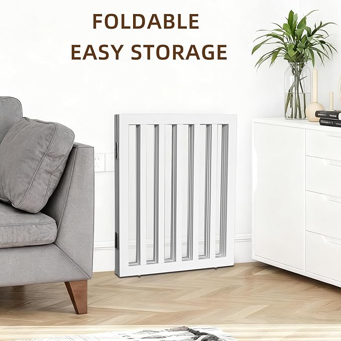 Dog Gate Indoor, Freestanding Dog Fence for The House, Doorways, Hallways,or Stairs,Pet Gate Foldable Wooden,Expandable 32" Height 4 Panels,White