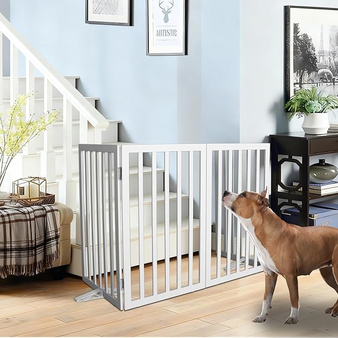 Dog Gate Indoor, Freestanding Dog Fence for The House, Doorways, Hallways,or Stairs,Pet Gate Foldable Wooden,Expandable 32" Height 3 Panels,White