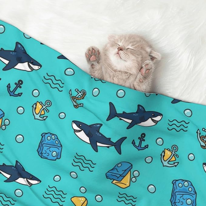 Double Sided Pet Bed Blanket for Added Cushion Warmth, Cute Shark and Anchor, Reversible Cover with Textured Dot Surface for Existing Beds Standalone Mat
