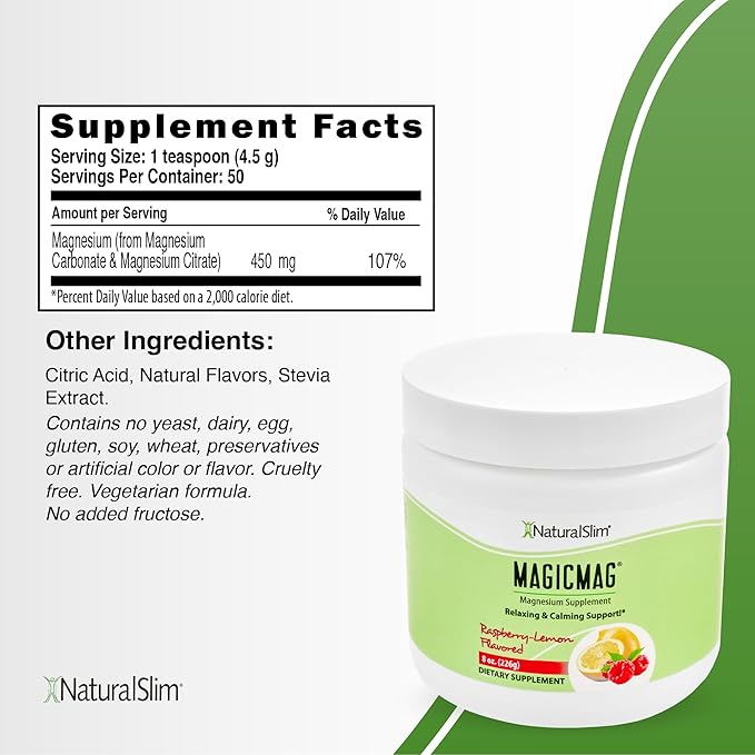 NaturalSlim Magicmag Pure Magnesium Citrate Powder Stress, Constipation, Muscle, Heart Health, and Sleep Support | Raspberry Lemon Magnesium Supplement - 8oz Drink Mix (3 Pack)