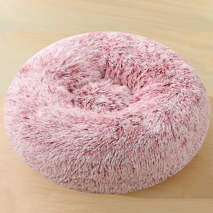 Calming Small Dog Bed Pink Cat Bed, 20 Inch Donut Fluffy Anti-Anxiety Round Bed Washable Cute Bed, Cuddler Warming Cozy Soft Bed, Plush Cushion Bed for Small Medium Dogs and Cats (Rose White)