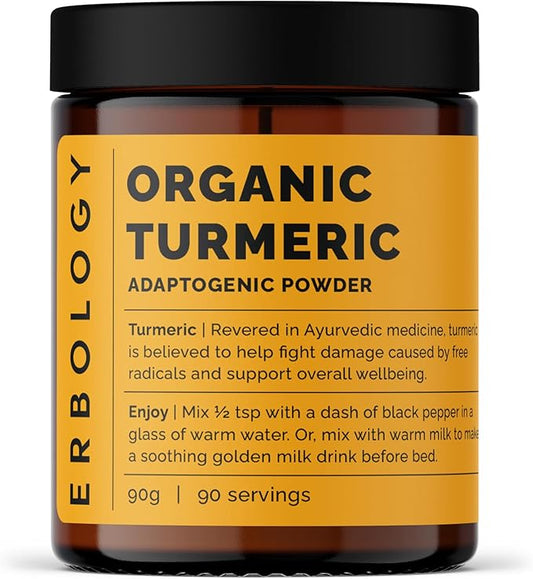 Erbology Organic Turmeric Powder 3.2 oz - 90 Servings - 5.5% Curcumin - No Additives or Preservatives - Sustainably Sourced Straight from Farm in India - Small Batch - Vegan - GMO-Free