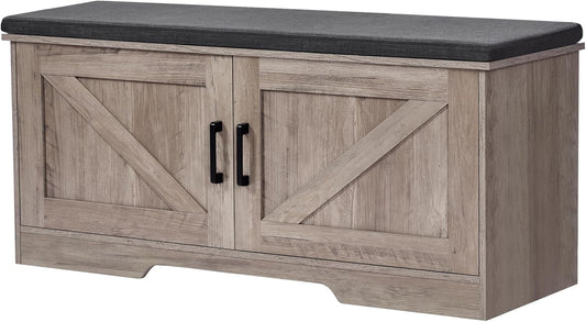 2-Tier Storage Bench, Shoe Bench with Padded Seat Cushion, Entryway Bench with 2 Barn Doors, Adjustable Shelf, 13.8" D x 39.4" W x 17.7" H, for Entryway, Living Room, Bedroom, Greige