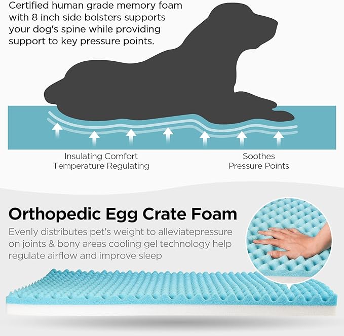 ATIFBOP Orthopedic Dog Bed, Bolster Dog Sofa with Removable Cover, Cooling Pad Memory Foam Couch, Pain Relief Pet Bed (Grey, 40x31x11 inch)