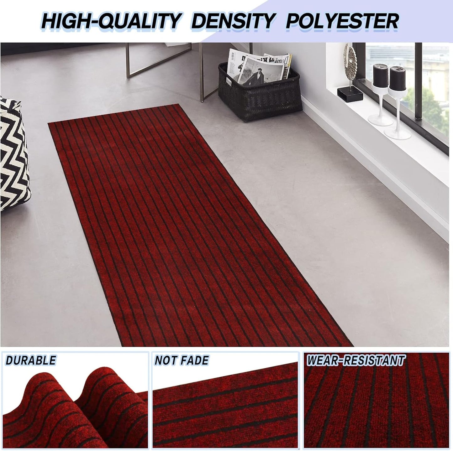 Custom Size Backed Non-Slip Area Rugs Runner, Easy Clean, Waterproof Runner Rugs for Hallway Entryway, Kitchen, Laundry, 2FT x 51FT, Red Stripe