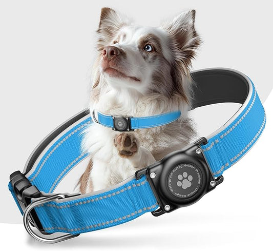 Airtag Dog Collar - 100% Waterproof Air tag Dog Collar Holder for Apple AirTag, Reflective, Soft Padded, Everlasting, GPS Dog Collar for Small Medium Large Dogs (Blue, M)