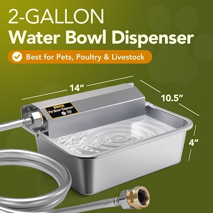 Automatic Water Dispenser for Dogs 2 Gallons, 304 Stainless Steel Dog Water Bowl Dispenser for Farm Chicken Pets Indoor&Outdoor Dog Waterer Feeder Fit 3/4'' GHT Faucet Auto Filling Wide Drinking Area