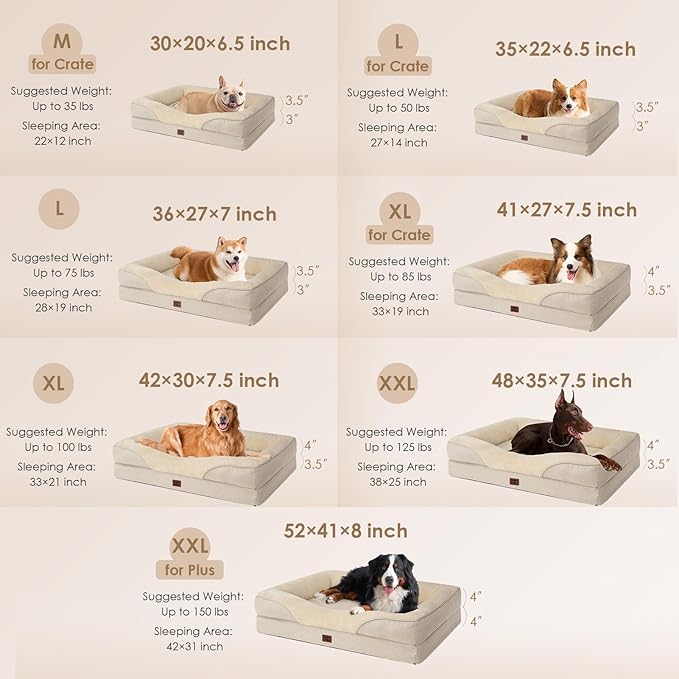 EHEYCIGA Orthopedic Dog Bed for Medium Dog, 35x22x6.5 Inch Memory Foam Dog Couch Bed with Sides, Waterproof Liner & Washable Removable Cover, Bolster Pet Sofa, Beige