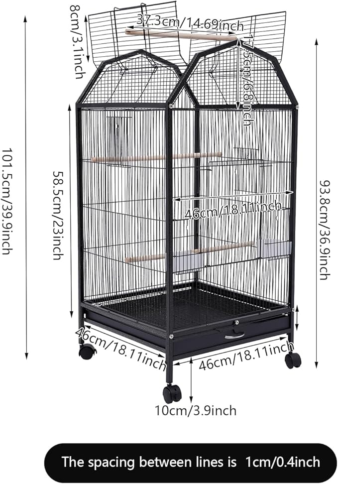 Iron Parakeet Bird Cage with Stand, Pet Bird Container with Skylight, Large Cage for Medium&Small Bird with Wheels and Doors for Cockatiel Sun Conure Senegal Jardine Quaker Budgie (Black)
