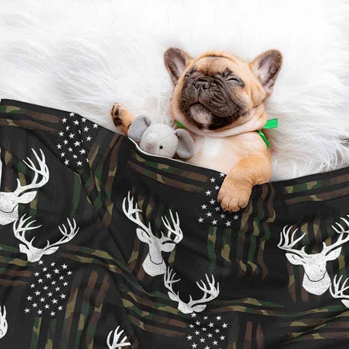 Double Sided Plush Pet Blanket with Cozy Dot Texture and Smooth Reverse, Deer Camo Camouflage American Flag Hunting Black, Reversible Throw for Dogs Cats on Couches Beds Crates