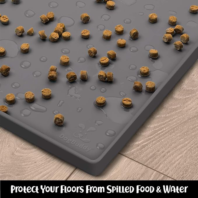 DogBuddy Dog Food Mat – Waterproof Dog Bowl Mat for Food and Water, Silicone Pet Feeding Mats For Floors, Non-Slip Placemat with High Edges For Dogs Bowls, Puppy Essentials (XL: 28" x 18", Shadow)
