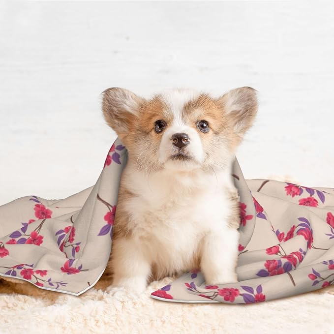 Double Sided Plush Pet Blanket with Cozy Dot Texture and Smooth Reverse, Cherry Flower Seamless Flowers Pattern, Reversible Throw for Dogs Cats on Couches Beds Crates