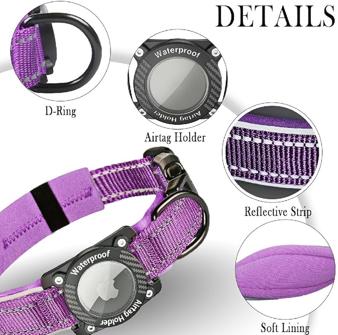 Upgraded AirTag Dog Collar, IP68 Waterproof Dog Collar with Apple Air Tag Holder, Reflective Adjustable Heavy Duty Dog Collars with Soft Padded for Small, Medium and Large Dogs,Purple, S