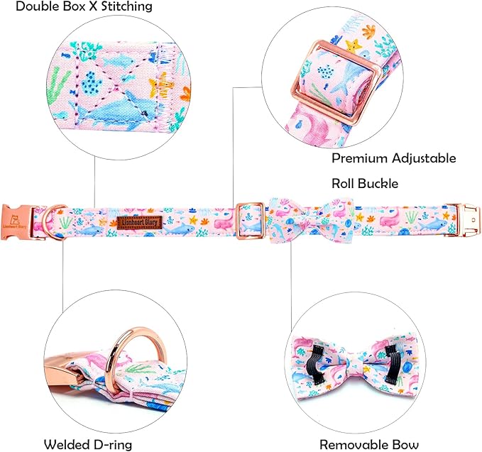 Lionheart glory Dog Bow Collar Sea Animals Print Pink Dog Collar for Small Dogs,Female Male Dog Collars with Bowtie Spring Summer Collars Soft Adjustable Pet Collar Bows