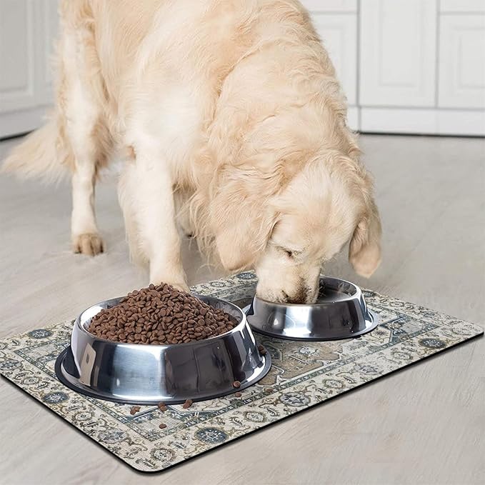 Dog Food Mats for Floors, Absorbent and Quick-Drying Pet Cat Food Mat,Anti-Fouling and Easy-to-Clean Pet Feeding Mat,Dog Bowl Mat for Messy Drinking Water Bowls.17 x32, Bohemia Style