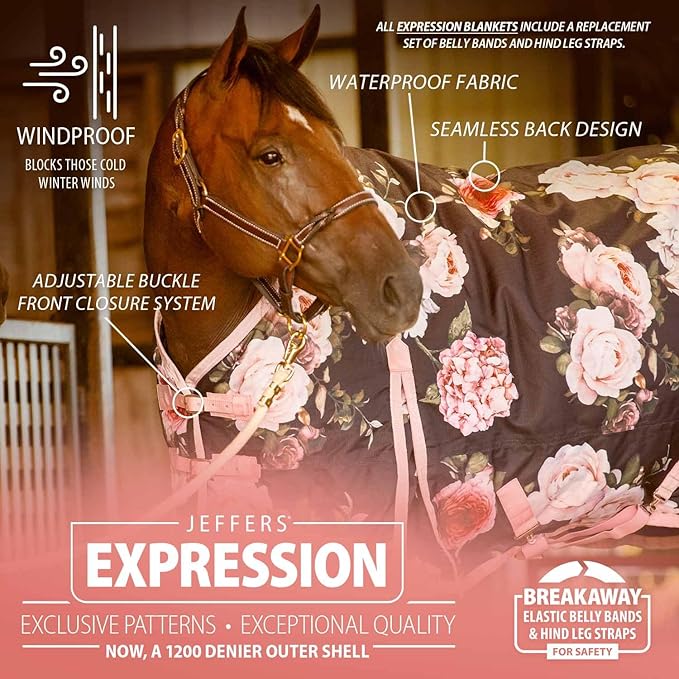 Jeffers Expression 1200 Denier Standard Neck Turnout Blanket, Rose Garden, 66" - Waterproof, Breathable Horse Blanket with 0g Polyfill, No insulation - Ideal Protection for Wind and Rain, Light Weight
