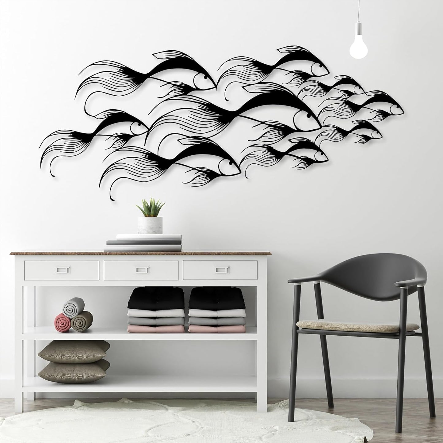 School of Fish Metal Wall Art, Metal Fish Wall Decor, Sea Life Wall Art, Large Nautical Wall Hanging, Modern Beach House Wall Decor, Ocean Themed Artwork for Bathroom (Gold, 30"x12" | 76x32cm)