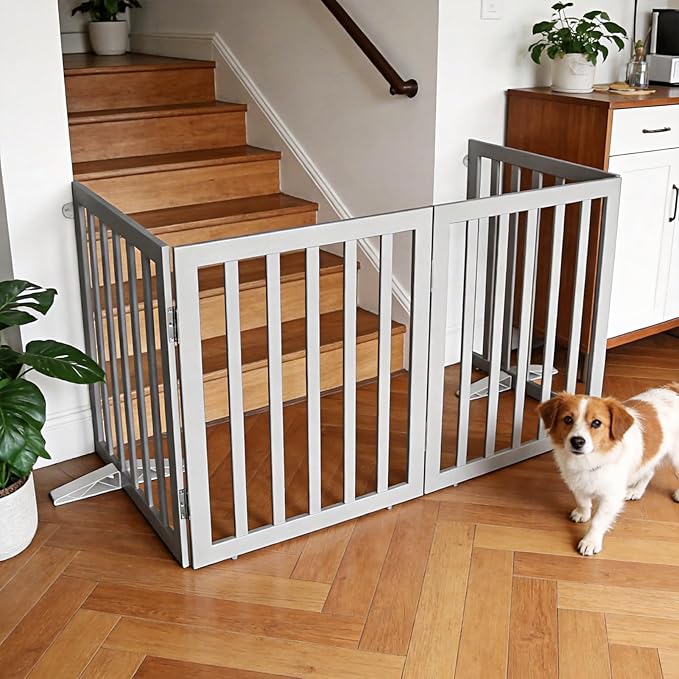 ZJSF Freestanding Indoor Dog Gate for House Foldable Wood Puppy Gate for Doorways Pet Gate for Stairs Extra Wide Pet Fence, Grey, 24" Height 4 Panels