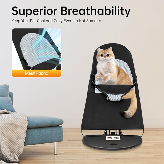 Pet Rocking Chair, Portable Foldable Pet Rocker Bed with 3-Level Height Adjustment, Pet Hammock for Small Dogs & Cats up to 33lbs, Breathable Mesh Hanging Bed with Safety Buckle (Black)