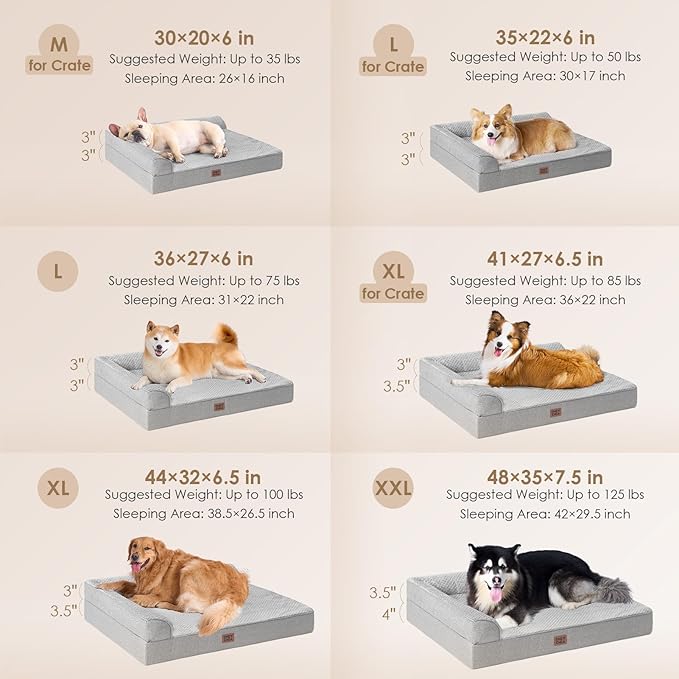 EHEYCIGA Large Dog Bed Memory Foam for Crate, Orthopedic Dog Bed Large Size Dogs with Washable Removable Cover, Waterproof Pet Sofa Couch with Nonskid Bottom, 35x22x6, Grey