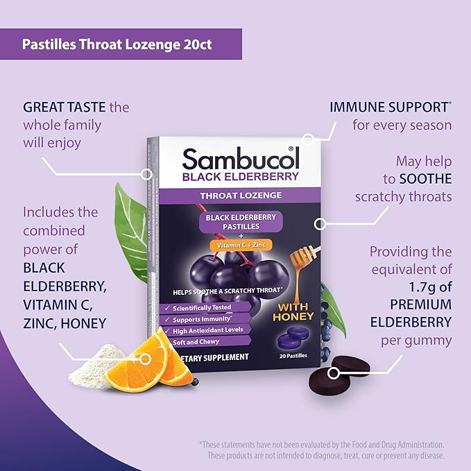 Sambucol Black Elderberry Throat Lozenge - with Honey, Vitamin C & Zinc, Elderberry Lozenges Sore Throat & Cough, Soothes Scratchy Throat, Supports Immunity, Soft & Chewy - 20 Count, 2-Pack