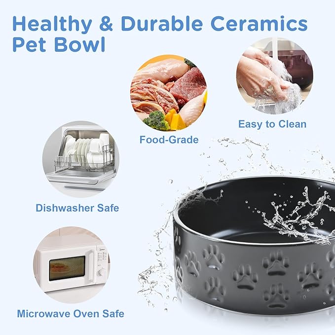 SPUNKYJUNKY Elevated Dog Bowls Ceramic, 5.1'' Dogs and Cat Food Water Bowls Raised with Non-Slip Bamboo Stand for Puppy Small Sized Breed Microwave Dishwasher Safe - 13.5 OZ,Paw Black