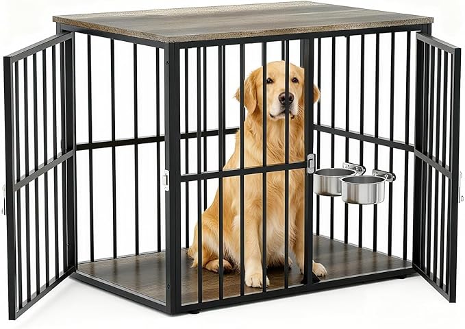 43 Inch Indoor Wooden Dog Crate Side Table, Furniture Style Pet Cage with Double-Door Access and Adjustable Food Bowl, Heavy-Duty Dog Kennel for Medium and Large Breeds