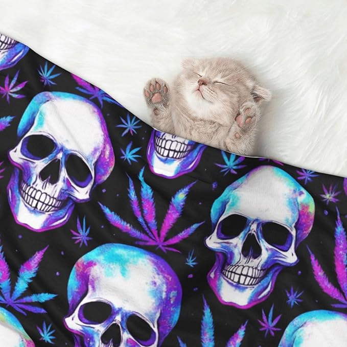 Two Sided Plush Pet Blanket for Warmth Comfort, Blue Weedleaf Trippy Skull Crossbones Black, Reversible Throw with Cozy Nubby Side for Chilly Nights Napping Spots Around House